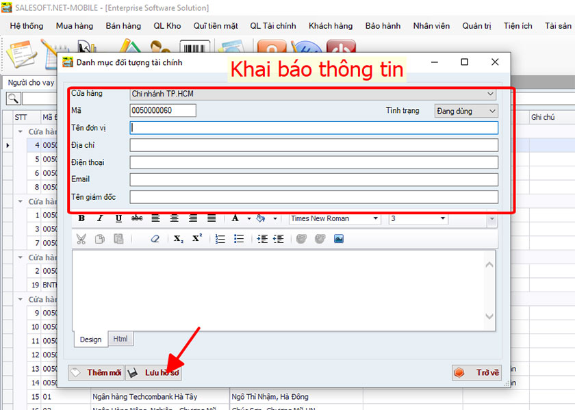 Nhập tên các dữ liệu cần khai báo và lưu dữ liệu